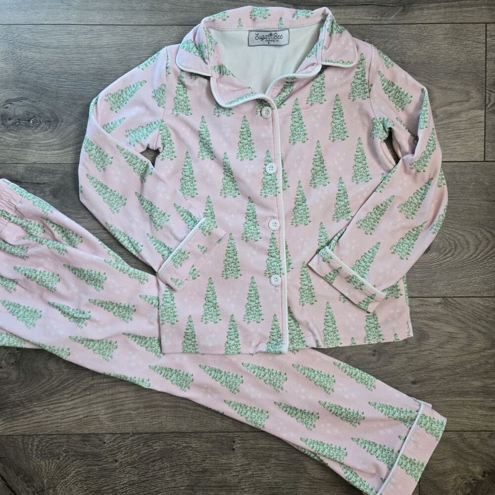 Sugar Bee Clothing Co Girls 6 Pink Christmas Tree Button Down Lounge Pajamas Set
